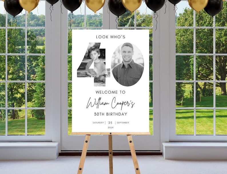 May include: Black and white photo birthday sign with the number 40, the text "Look Who's 40", "Welcome to William Cooper's 40th Birthday", and the date "Saturday 25 September 2024".