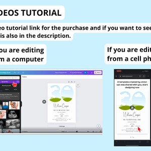 Peut inclure: Une capture d'&eacute;cran d'un ordinateur montrant un tutoriel vid&eacute;o sur la fa&ccedil;on de modifier un mod&egrave;le d'invitation d'anniversaire sur Canva. La vid&eacute;o est en cours de lecture et l'&eacute;cran affiche la conception de l'invitation, qui pr&eacute;sente un paysage vert et bleu avec le texte "William Cooper a 30 ans !" La vid&eacute;o est &eacute;galement affich&eacute;e sur l'&eacute;cran d'un t&eacute;l&eacute;phone portable.