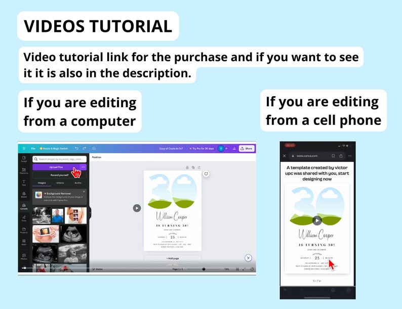 Peut inclure: Une capture d'&eacute;cran d'un ordinateur montrant un tutoriel vid&eacute;o sur la fa&ccedil;on de modifier un mod&egrave;le d'invitation d'anniversaire sur Canva. La vid&eacute;o est en cours de lecture et l'&eacute;cran affiche la conception de l'invitation, qui pr&eacute;sente un paysage vert et bleu avec le texte "William Cooper a 30 ans !" La vid&eacute;o est &eacute;galement affich&eacute;e sur l'&eacute;cran d'un t&eacute;l&eacute;phone portable.