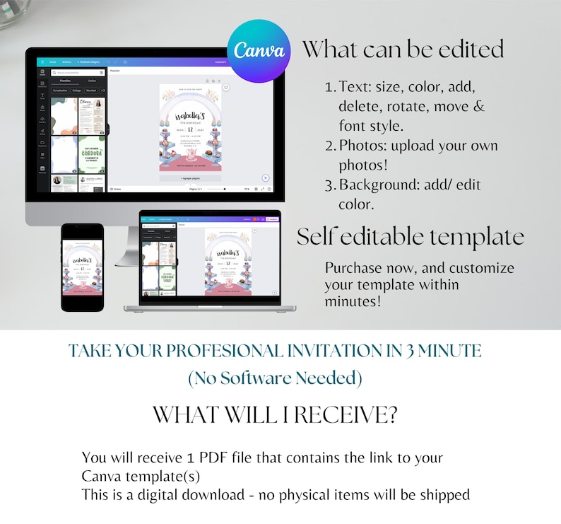 May include: A digital download of a printable invitation template for a birthday party. The template is customizable in Canva and features a pink and white color scheme with a cake and candles design. The text on the template reads "Isabella's 3rd Birthday".