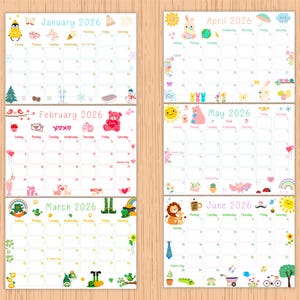 May include: A colorful 2026 calendar featuring six months, January through June. Each month has a unique theme with illustrations of seasonal objects and holidays. The calendar is decorated with cute graphics and text.