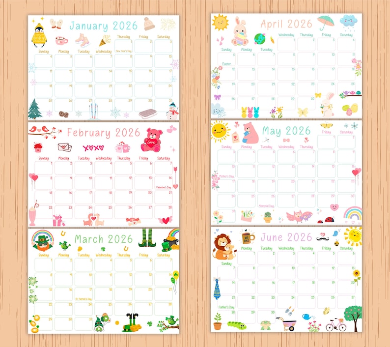 May include: A colorful 2026 calendar featuring six months, January through June. Each month has a unique theme with illustrations of seasonal objects and holidays. The calendar is decorated with cute graphics and text.