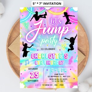 Editable Jump Birthday Party Invitation Tie Dye Jump Birthday Party Glow Jump Trampoline Party Let's Jump Party Instant Editable File Girl 6 image 2
