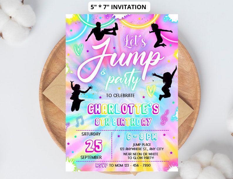 Editable Jump Birthday Party Invitation Tie Dye Jump Birthday Party Glow Jump Trampoline Party Let's Jump Party Instant Editable File Girl 6 image 2