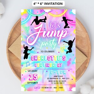 Editable Jump Birthday Party Invitation Tie Dye Jump Birthday Party Glow Jump Trampoline Party Let's Jump Party Instant Editable File Girl 6 image 3