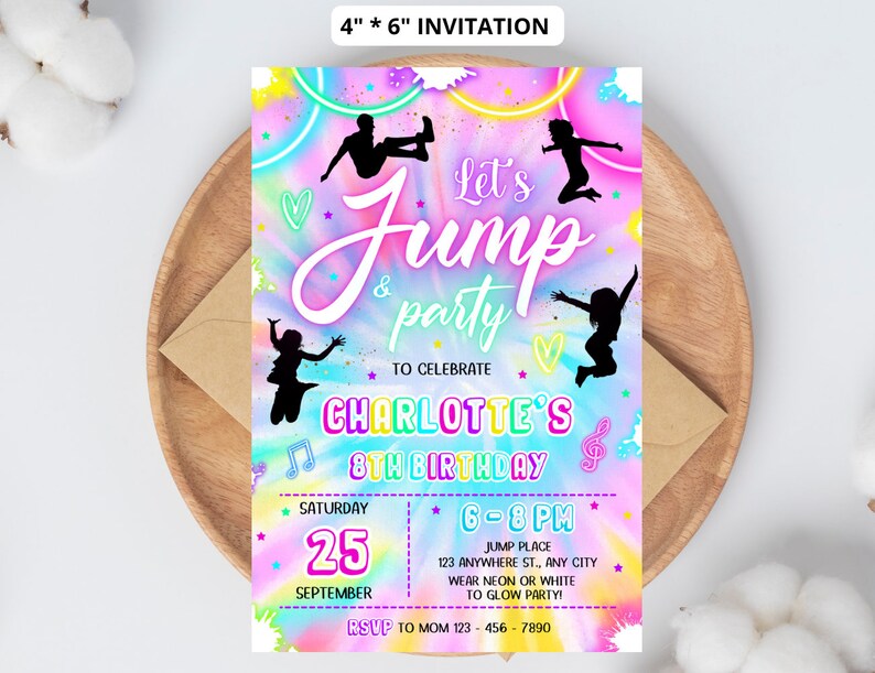 Editable Jump Birthday Party Invitation Tie Dye Jump Birthday Party Glow Jump Trampoline Party Let's Jump Party Instant Editable File Girl 6 image 3