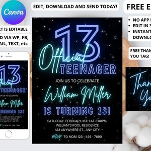 EDITABLE Neon Birthday Invitation 13Th Boy Birthday Invitation, 13Th Invitation, Official Teenager Invitation, Teenager Birthday Invitation