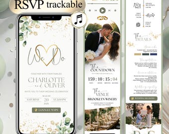Sage Green Digital Wedding Invitation with RSVP & Music, Animated Canva Template Online Wedding Invite with Countdown, Invitation Mariage J8