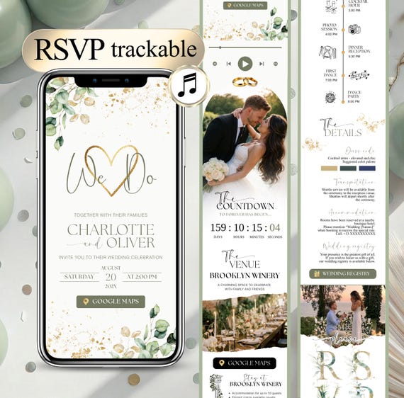 Sage Green Digital Wedding Invitation with RSVP & Music, Animated Canva Template Online Wedding Invite with Countdown, Invitation Mariage J8