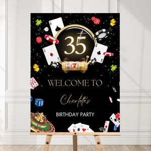 Panneau de bienvenue MODIFIABLE pour anniversaire de casino, bannière de soirée poker 21, 30, 40, 50, soirée casino, affiche de retraite de casino, cartes à jouer, JEF827
