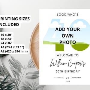 May include: A white printable sign with a green and blue landscape design featuring the number 40. The text "Look Who's Add Your Own Photo" is above the number. The text "Welcome to William Cooper's 30th Birthday" is below the number. The date "Saturday 25 September 2024" is at the bottom of the sign.