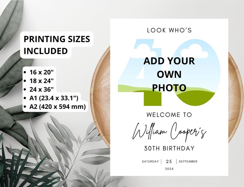 May include: A white printable sign with a green and blue landscape design featuring the number 40. The text "Look Who's Add Your Own Photo" is above the number. The text "Welcome to William Cooper's 30th Birthday" is below the number. The date "Saturday 25 September 2024" is at the bottom of the sign.