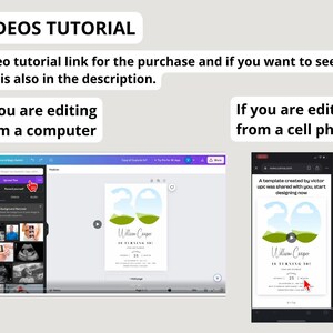 May include: Screenshot showing how to edit a birthday invitation template on a computer and a cell phone. The template features a green and blue illustration of the number 30 with clouds and the text "William Cooper is turning 30!"