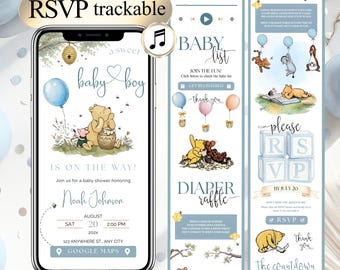 Winnie Baby Shower Boy Invite Winnie the Pooh Digital RSVP Baby Shower Template Balloon Bear Shower Editable | A little hunny boy website