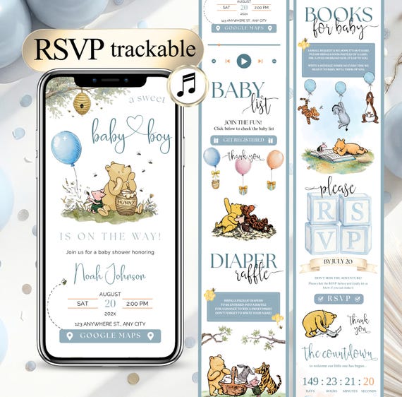 Winnie Baby Shower Boy Invite Winnie the Pooh Digital RSVP Baby Shower Template Balloon Bear Shower Editable | A little hunny boy website