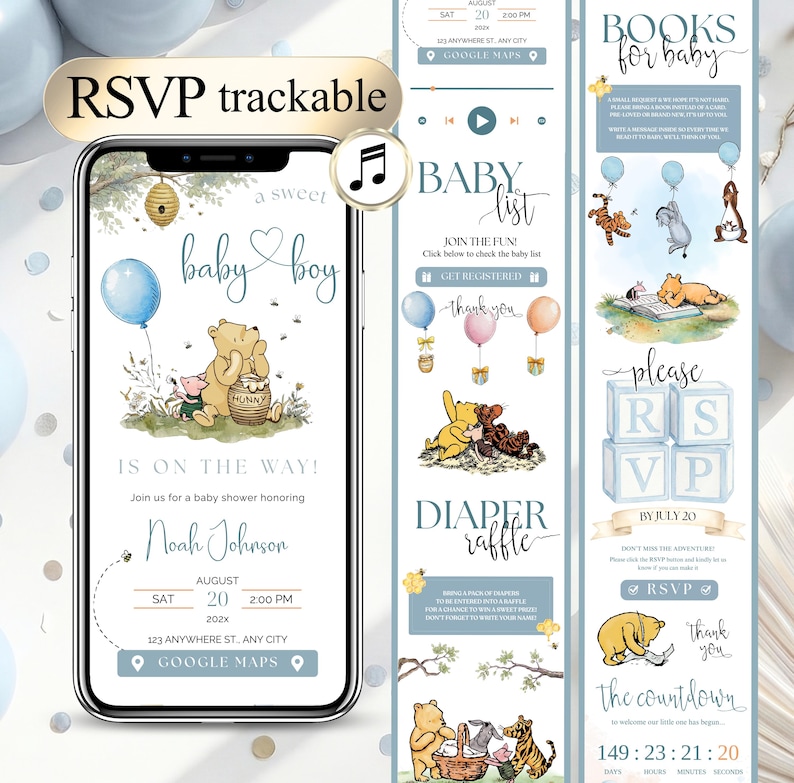 Winnie Baby Shower Boy Invite Winnie the Pooh Digital RSVP Baby Shower Template Balloon Bear Shower Editable | A little hunny boy website image 1