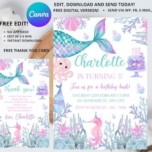 Tema de sirena para niñas, plantilla de invitación digital para fiesta, invitación móvil, invitaciones por teléfono, invitación por mensaje de texto, Canva