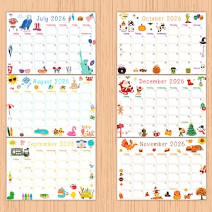 May include: A colorful 2026 calendar featuring July, August, September, October, November, and December. Each month has a unique theme with illustrations of holidays and seasonal items. The calendar is on a wooden background.