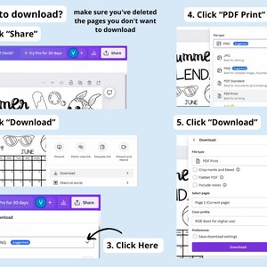 May include: A step-by-step guide on how to download a digital file from a website. The guide shows how to share a file, download a file, and select the file type, including PDF Print, PNG, and JPG.