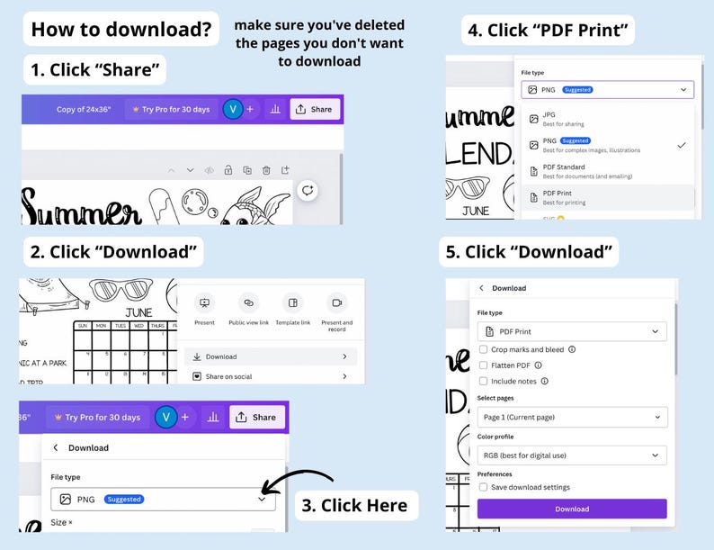 May include: A step-by-step guide on how to download a digital file from a website. The guide shows how to share a file, download a file, and select the file type, including PDF Print, PNG, and JPG.