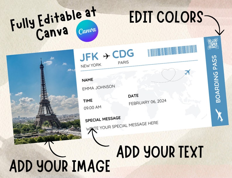 Editable Boarding Pass Canva Template, Printable Airline Ticket ...