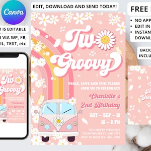 Modificabile DUE Groovy Girl Pink Peach Van Daisy Rainbow Groovy 2nd Birthday Hippie Party Invitation Template Download immediato Groovy baby girl