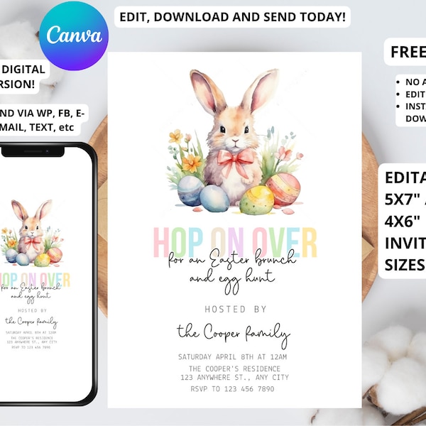 Easter Brunch Invitation, Easter Brunch Invite, Easter Invitation, Easter Egg Hunt Invitation, Editable, Instant Download, 5X7, 4X6