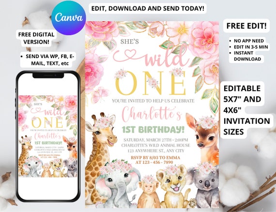 Editable Safari Birthday Invitation, Girl Wild One Invitation, Jungle Animals Invitation, 1st Birthday Invitation, 4x6 & 5x7, 1st Bday Girl