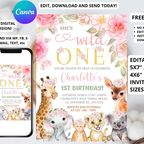 Editable Safari Birthday Invitation, Girl Wild One Invitation, Jungle Animals Invitation, 1st Birthday Invitation, 4x6 & 5x7, 1st Bday Girl