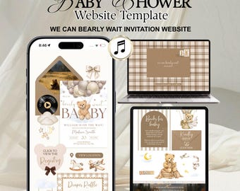 Bearly Wait Baby Shower Website Template, Interactive Canva Invitation, Neutral Teddy Bear Digital Invite with RSVP, Envelope Reveal JEF212