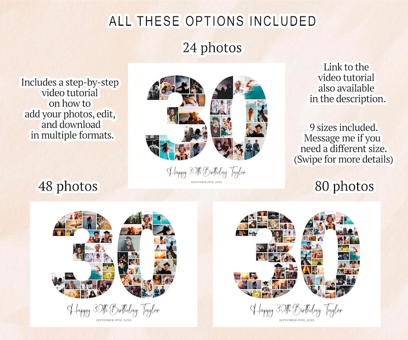 30th Birthday Photo Collage, 30th Birthday Gift, Birthday Number 30 ...