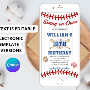 Baseball Birthday Invitation by Text, Rookie of the Year Birthday Evite, Swing on Over Electronic Invitation Editable Digital Download 12345