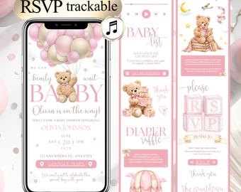 Pink Baby Shower Girl Invitation Template, Girl Baby Shower Editable Digital Invite with Clickable RSVP, Digital Invitation and Online RSVP