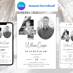 May include: Black and white birthday invitation with a photo of a man and a child in the number 40. The invitation says "William Cooper is turning 40! Come and celebrate" with the date and time of the party.