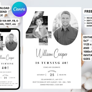May include: Black and white birthday invitation with a photo of a man and a boy in the shape of the number 40. The invitation says "William Cooper is turning 40!" and includes the date, time, and location of the party. The invitation also says "RSVP to Emma by 25th August 123-456-7890" and "Dinner provided | Cash bar".