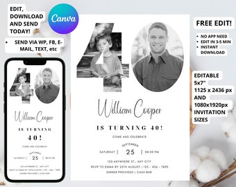 40th Invitation with photo, Look Who's 40, 40th Birthday Invitation Template, Simple 40th Invitation, Male 40th Invites, Editable, Printable