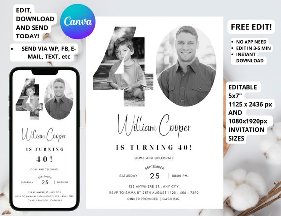 40th Invitation with photo, Look Who's 40, 40th Birthday Invitation Template, Simple 40th Invitation, Male 40th Invites, Editable, Printable