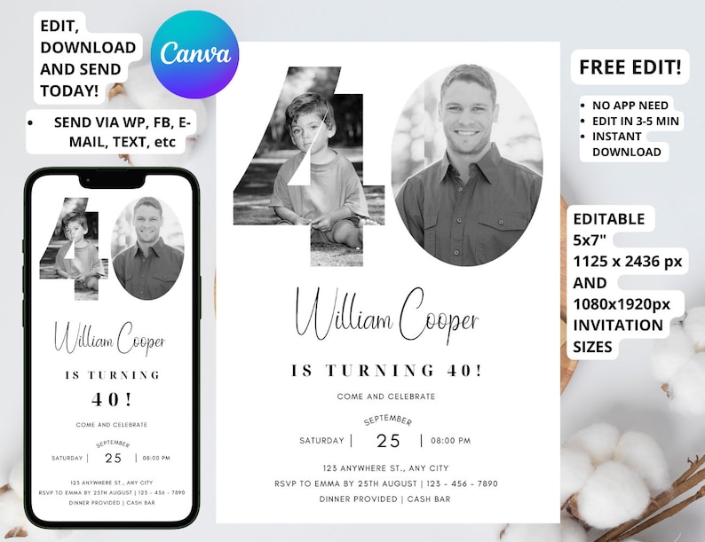 May include: Black and white birthday invitation with a photo of a man and a boy in the shape of the number 40. The invitation says "William Cooper is turning 40!" and includes the date, time, and location of the party. The invitation also says "RSVP to Emma by 25th August 123-456-7890" and "Dinner provided | Cash bar".