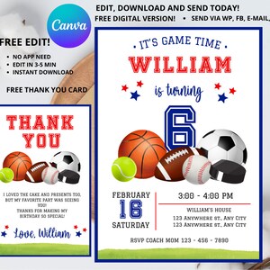 All-Star Party Invitation, Sports Theme Birthday Invite Cards With