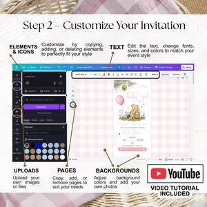 Pu&ograve; includere: Schermata di un'interfaccia di progettazione di inviti digitali. L'interfaccia include opzioni per caricare immagini, modificare il testo e regolare gli sfondi. Il design dell'invito presenta uno sfondo a quadretti rosa e un tema di Winnie the Pooh.