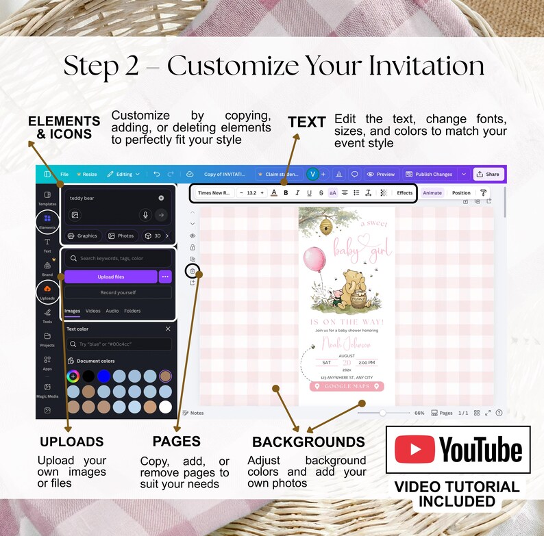 Pu&ograve; includere: Schermata di un'interfaccia di progettazione di inviti digitali. L'interfaccia include opzioni per caricare immagini, modificare il testo e regolare gli sfondi. Il design dell'invito presenta uno sfondo a quadretti rosa e un tema di Winnie the Pooh.
