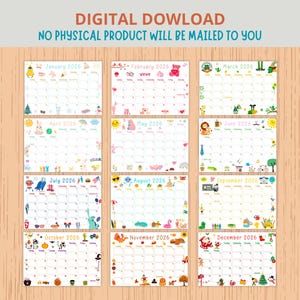 May include: A colorful 2026 calendar with each month displayed on a separate page. The calendar pages are decorated with seasonal illustrations and the text "DIGITAL DOWNLOAD NO PHYSICAL PRODUCT WILL BE MAILED TO YOU".
