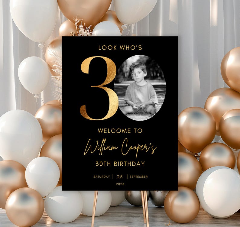 May include: Black and gold 30th birthday party sign with the text "Look Who's 30", "Welcome to William Cooper's 30th Birthday", "Saturday 25 September 202X". A black and white photo of a young boy is in the center of the number 30.