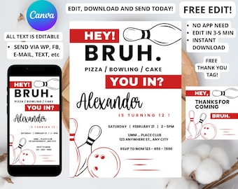 Editable Bowling Birthday Invitation Minimalist Neon Glow Bowling Bruh Birthday Invitation, Bruh It's My Birthday Invite 5x7", 4x6", JEFF1T2