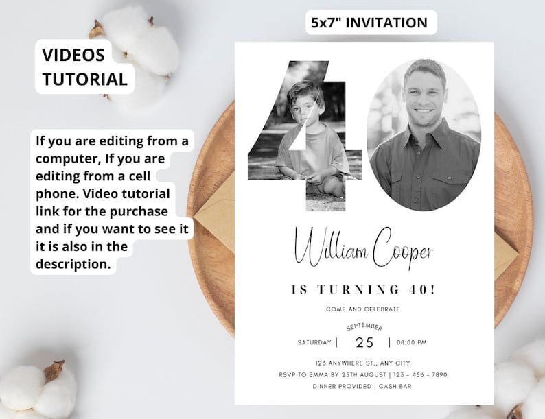 May include: Black and white 5x7 inch invitation for a 40th birthday party. The invitation features a large number 40 with photos of the birthday person at different ages. The text reads "William Cooper is turning 40! Come and celebrate. Saturday, September 25, 08:00 PM. 123 Anywhere St., Any City. RSVP to Emma by 25th August | 123-456-7890. Dinner provided | Cash bar."