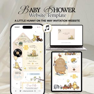 May include: A digital baby shower website template featuring Winnie the Pooh illustrations. The design includes a mobile phone, laptop, and tablet displaying invitation pages with honeycombs, bees, and characters. Text includes BABY SHOWER Website Template and A LITTLE HUNNY ON THE WAY INVITATION WEBSITE.