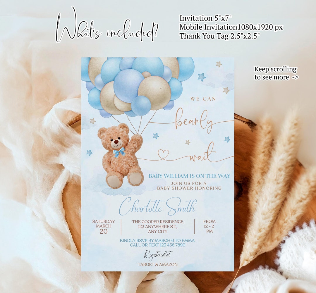 Editable We Can Bearly Wait Baby Shower Invitation Teddy Bear Hot Air ...