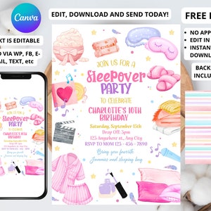 Editable Slumber Party Birthday Invitation Sleepover Birthday Invite Pink Girl Spa Tween Teen Digital Download Printable Template JEFF81