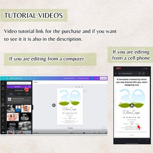 May include: A screenshot showing two video tutorials on how to edit a birthday invitation template. The first tutorial shows a computer screen with a green, blue, and white birthday invitation template. The second tutorial shows a cell phone screen with the same birthday invitation template. The text on the invitation says "William Cooper is turning 30!"
