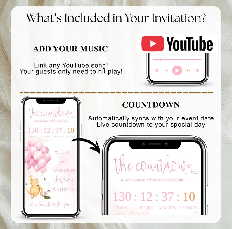 Pu&ograve; includere: Design di invito digitale con testo che include "What's Included in Your Invitation?", "Add Your Music" e "Countdown". Il design presenta due smartphone che mostrano un timer per il conto alla rovescia e un lettore musicale di YouTube.